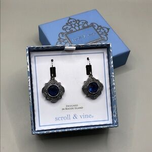 Scroll and Vine faux sapphire antique silver regal statement dressy earrings NEW